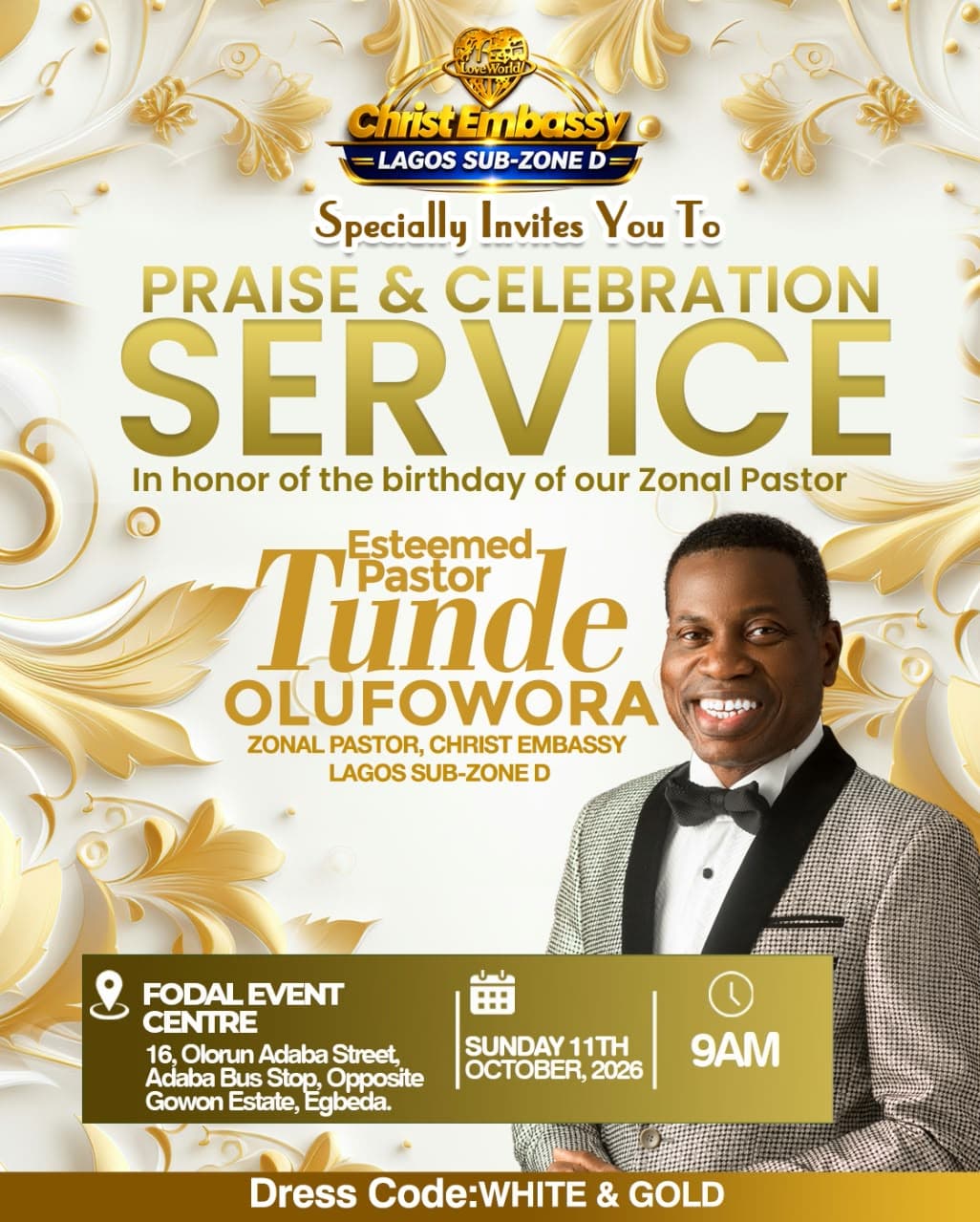 Invitation to the Praise & Celebration Service in honour of esteemed Pastor Tunde Olufowora